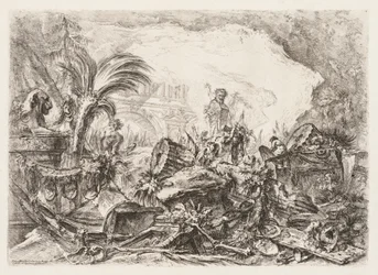 Groteschi : Ruines avec une statue de faune et une colonne tombée