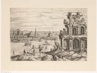 Paysage urbain avec ruines et architecture fantastique au bord de l