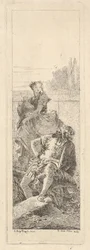 Un homme barbu, assis, regarde par-dessus son épaule droite vers un enfant et une femme portant..., ca. 1750-55