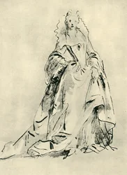 Une dame portant une robe à col haut et corsage pointu, début du 18e siècle, 1943