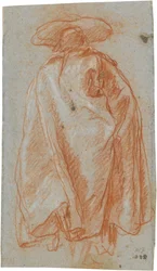 Homme en manteau et chapeau vu de dos ; verso : étude d