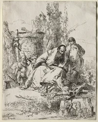 Scherzi di Fantasia : magicien assis, garçon et quatre figures