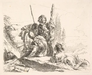 Trois soldats et un jeune homme allongé sur son abdomen dans un paysage, les soldats portent un..., vers 1740-42