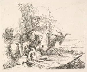 Femme et satyre enfant dans un paysage, la femme se tournant pour regarder par-dessus son épaule gauche