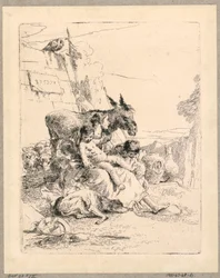 Femme avec deux enfants et un âne, planche 21 des Scherzi di Fantasia