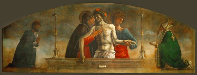 Le Christ mort, soutenu par sainte Marie, saint Jean Apôtre et les saints Marc et Nicolas (peinture sur toile)
