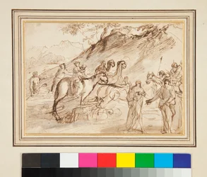 Rencontre entre deux hommes, chevaux et chameaux en arrière-plan