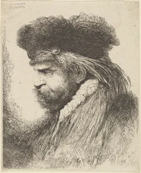 Homme barbu avec un bonnet de fourrure, face à gauche