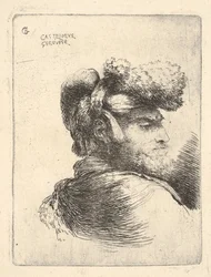 Homme de profil face à droite, portant un chapeau de fourrure, de la série des Petites Têtes en Orient