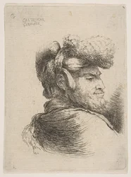 Homme de profil tourné vers la droite, portant un chapeau de fourrure, de la série des petites têtes en Orient..., vers 1645-50