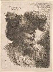 Vieil homme portant un turban orné de fourrure, face à droite