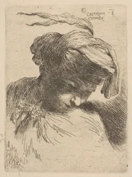 Jeune homme regardant vers le bas à droite, de la série de Petites Têtes en Coiffure Orientale, ca. 1645-50