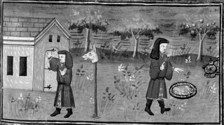 Décaméron,Fédéric frappe à la porte de madame Tessa ; l’homme trouve de la nourriture et du vin sous un pêcher . Septième journée, nouvelle 1