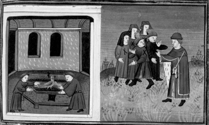 Décaméron,Giovanni del Bragoniera et Biagio Pizzini volent la relique à frère Ciboule ; le frère marque les vêtements des villageois avec les charbons . Sixième journée, nouvelle 10