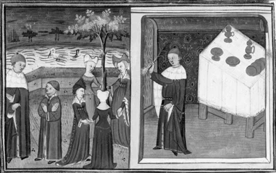 Décaméron, Alberto de Bologne observe Marguerite danser; Alberto explique la nature de son amour grâce à l’exemple du poireau. Première journée, nouvelle 10