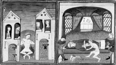 Décaméron, Andreuccio tombe dans les latrines; Andreuccio aide à piller la tombe de l’évêque. Deuxième journée, nouvelle 5