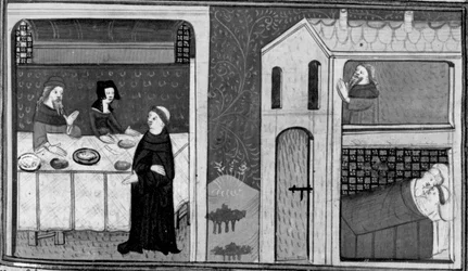 Décaméron, Don Felice est invité à la table du frère Puccio; don Felice est couché avec la femme de Puccio. Troisième journée, nouvelle 4