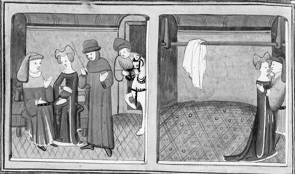 Décaméron, Francesco Vergellesi permet à Zima de parler avec sa femme; Zima et la femme de Francesco échangent un baiser. Troisième journée, nouvelle 5