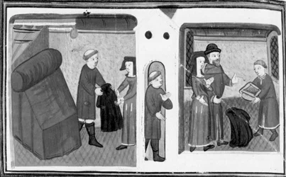Décaméron, Le curé de Varlungo met en gage son manteau à madame Belcolore ; un clerc remet à la femme un mortier. Huitième journée, nouvelle 2