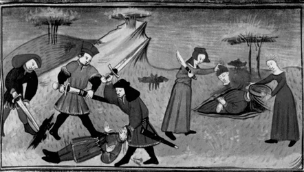 Décaméron, Lorenzo est tué par les frères de Lisabetta ; Lisabetta cache la tête du bien-aimé dans un vase. Quatrième journée, nouvelle 5