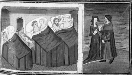 Décaméron, Trois couples dorment dans une chambre ; l’aubergiste discute avec sa femme. Neuvième journée, nouvelle 6