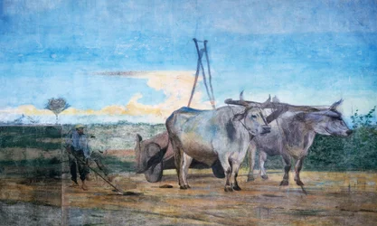 Collecte de fumier, chariot avec des bœufs