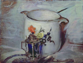 Nature morte avec pot de moutarde et pichet