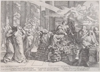 Le suicide de Didon, allongée sur un bûcher au centre, entourée de nombreuses figures, 1650-55.