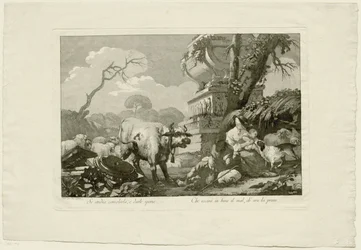 Famille de bergers avec bétail près d