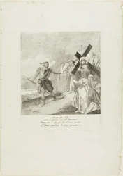 Le visage du Christ est essuyé par sainte Véronique, planche six du chemin de croix