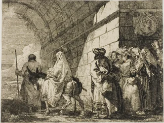 La Sainte Famille quittant par une porte de la ville, planche sept de La fuite en Égypte