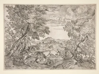 Paysage avec trois hommes près d