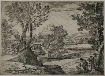 Femme, son enfant et un homme debout dans un paysage