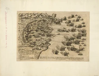 VRAI DESSEIN DE LA GRANDE VICTOIRE CONTRE LARMATA TVRCHA LI. 15. MAI 1649 Dans le port de Focchie en asie par. 17. Ga:ni du Sere:ma Re.a de Vénétie Commandé par Ecc:mo Gia.mo Riua Capitaine desdits galions Victoire vraiment glorieuse