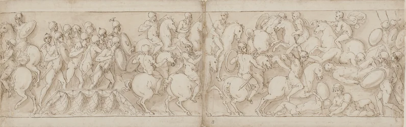 Marc Aurèle part sur un quai avec infanterie et cavalerie (CVIII); les Sarmates sont repoussés par les Romains avancés (CIX)