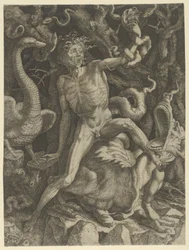 Furie personnifiée comme un vieil homme chevauchant un monstre, tenant un crâne dans sa main gauche, vers 1520-39