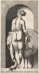 Planche 4 : Junon debout dans une niche, vue de dos, caressant un paon à sa droite, fr..., 1526.
