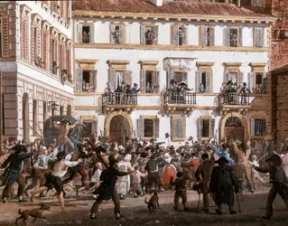 Le général Domenico Pino (1760-1826) harangue les insurgés sur la place du Teatro dei Filodrammatici à Milan le 20/04/1811. Peinture de Giovanni Migliara (1785-1837) Milan, Museo di Milano