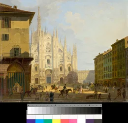 Vue de la Piazza Duomo à Milan, Italie (Place de la cathédrale à Milan) Peinture de Giovanni Migliara (1785-1837) 1828 Collection privée