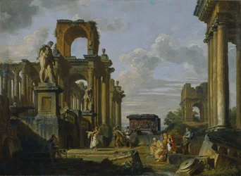 Caprice architectural du Forum romain avec des philosophes et des soldats parmi des ruines antiques