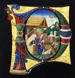 Grande initiale historiée "P", représentant une scène de Nativité, vers 1490