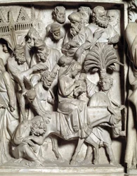 Détail des reliefs de la chaire réalisée par Giovanni Pisano : la fuite en Égypte (détail)