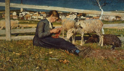 Jeune fille fabriquant des chaussettes, 54 x 88 cm