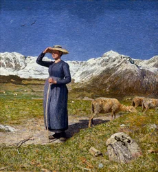 Midi dans les Alpes. Une bergère se protégeant les yeux du soleil. Peinture de Giovanni Segantini (1858-1899), 1891, 7,5 x 71,57 cm, collection O. Fischebacher