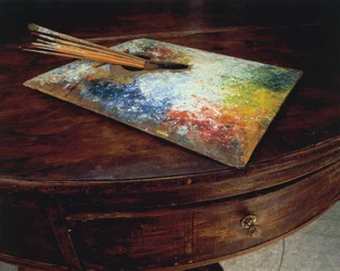 La palette du peintre utilisée dans son atelier au col de la Maloja, Suisse, par Giovanni Segantini