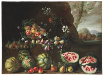 Pastèques, pêches, poires et autres fruits dans un paysage