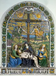 La Déposition (Pietà). Jésus-Christ et la Vierge Marie entourés de saint Jean et de sainte Marie-Madeleine devant la croix portant l