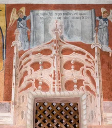 Inscription dédicatoire de Botoneri « Cette chapelle de San Magno a été faite avec des aumônes dévouées »