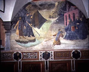 Saint Benoît récupérant la hache du bûcheron dans le lac, détail du cycle de fresques de la Vie de Saint Benoît du Chiostro degli Aranci (Cloître des Oranges) c.1430