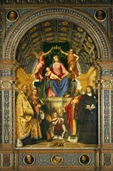 Retable de Sainte Justine : Madone en majesté avec les saints Benoît, Justine, Prosdocime et Scholastique